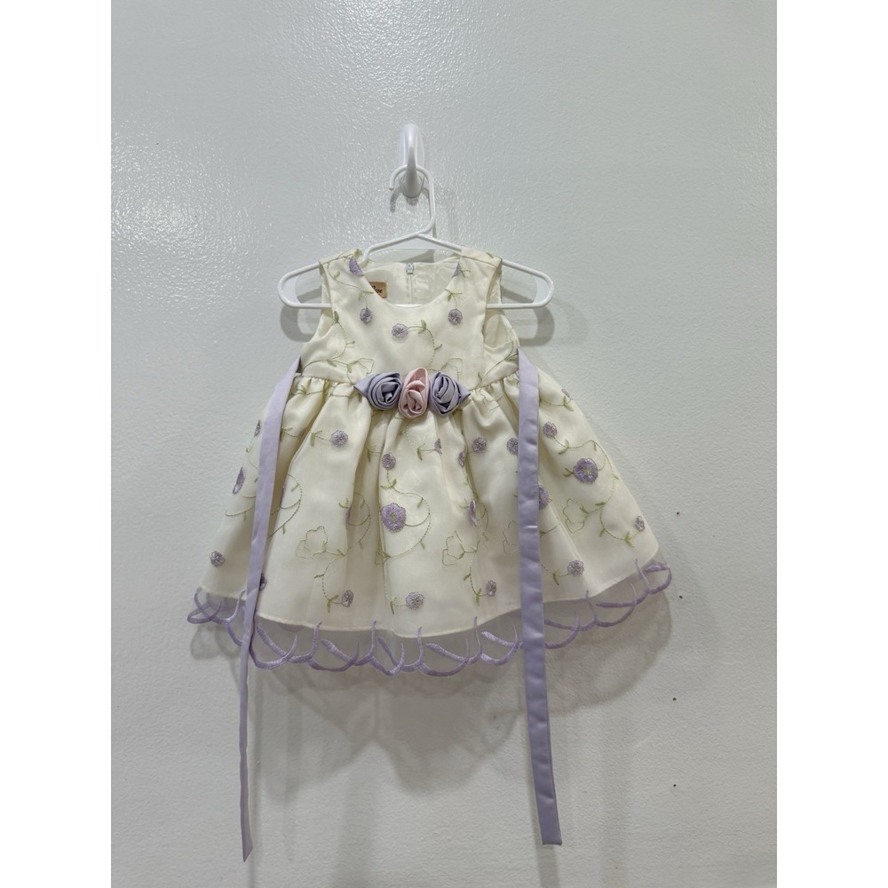 Baby Girl Ivory Lavender Floral Embroidered Party & Special Occasion Dress 6/9 M
